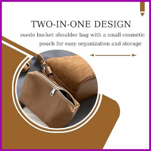 Suede Bucket Bag with Detachable Straps, Crossbody Shoulder Handbag - Picture 4 of 7